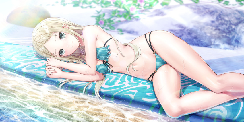 1girl, bikini, blonde_hair, blue_bikini, blue_reflection_(series), blue_reflection_sun, blush, breasts