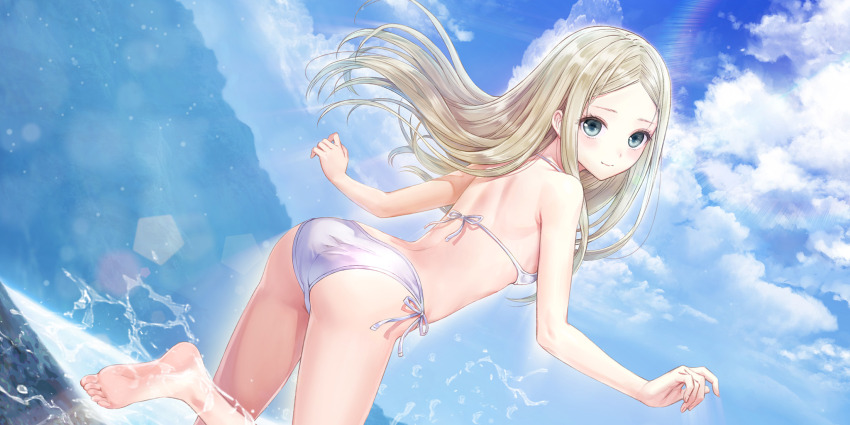 1girl, ass, back, barefoot, bikini, blonde_hair, blue_reflection_(series), blue_reflection_sun, blue_sky, blush, breasts, cloud, day, feet, floating_hair, foot_out_of_frame, game_cg, grey_eyes, highres, kishida_mel, long_hair, looking_at_viewer, looking_back, morisaki_alesia_yu, non-web_source, outdoors, parted_bangs, side-tie_bikini_bottom, sky, small_breasts, smile, soles, solo, sunlight, swimsuit, toes, water, white_bikini