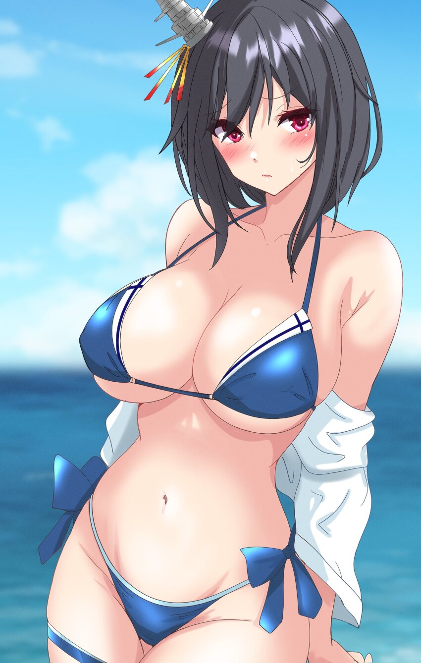 1girl, absurdres, bikini, black_hair, blue_bikini, blurry, blurry_background, breasts