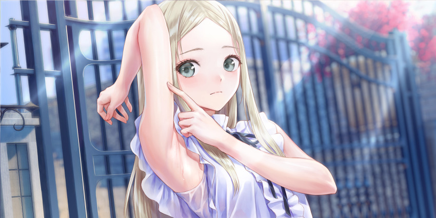 1girl, arm_up, armpits, blonde_hair, blue_reflection_(series), blue_reflection_sun, blush, center_frills