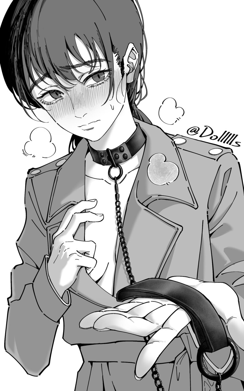 1girl, bdsm, blush, chainsaw_man, coat, collar, dollllls2, greyscale