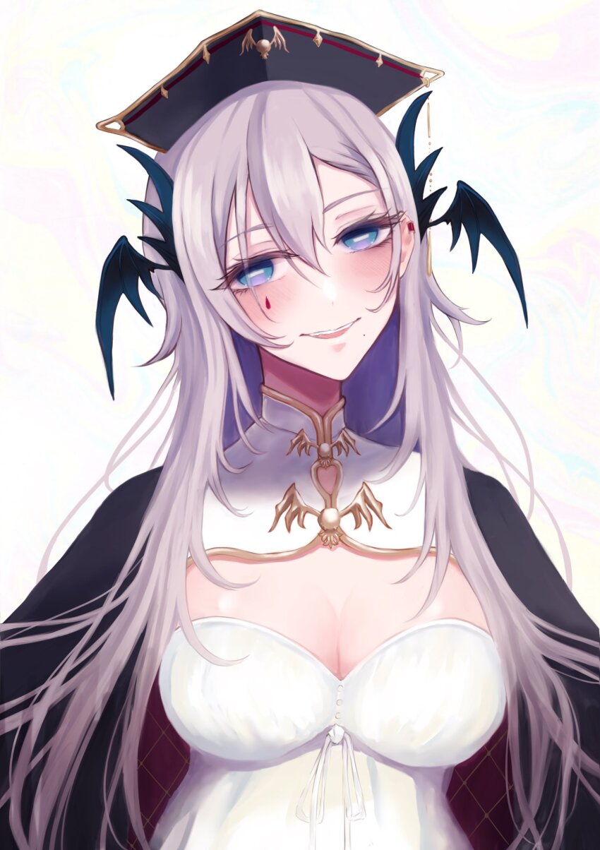 1girl, black_headwear, black_jacket, blue_eyes, breasts, bright_pupils, cleavage, cleavage_cutout