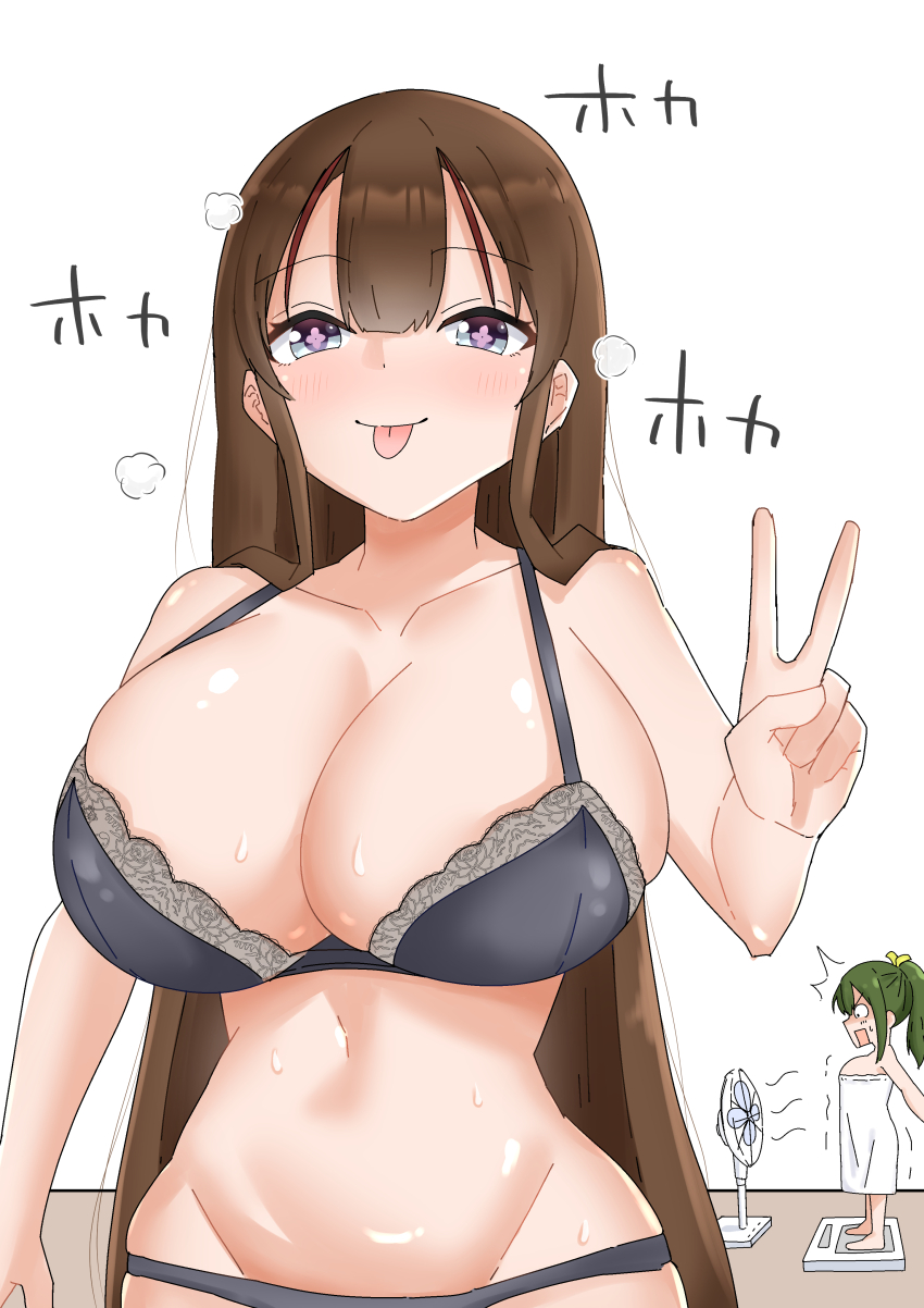 absurdres, after_bathing, blue_eyes, breasts, brown_hair, flower-shaped_pupils, green_hair, highres