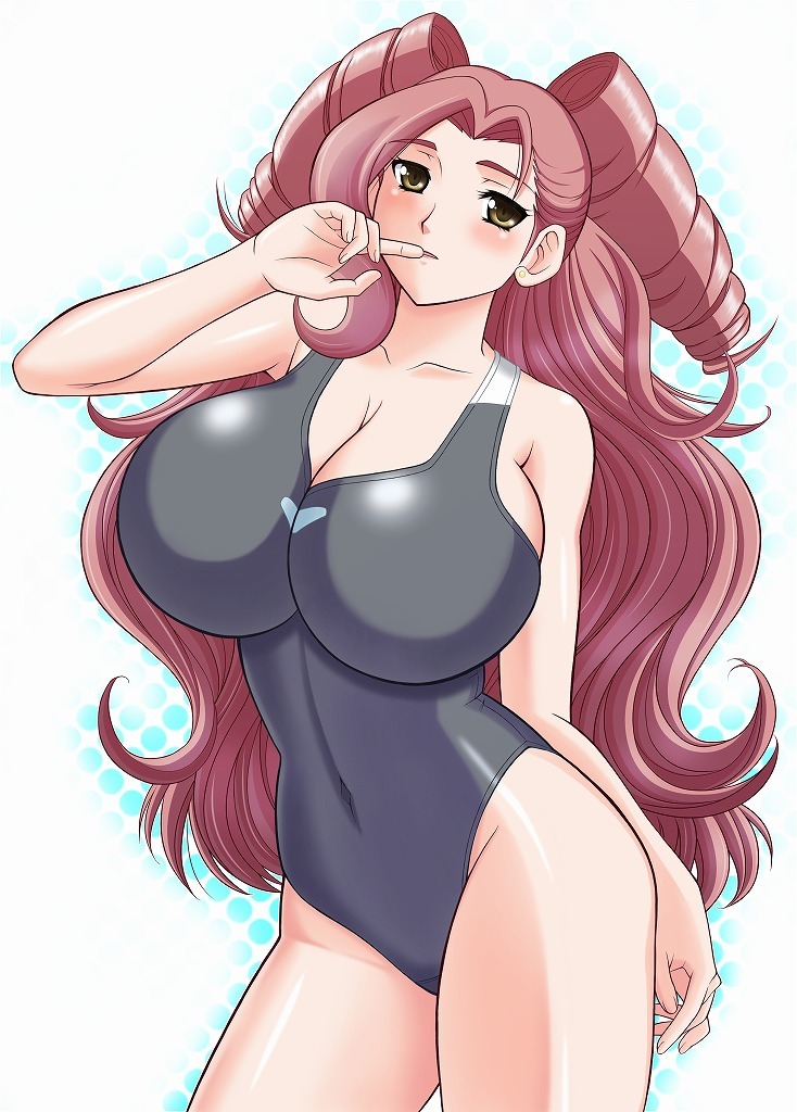 1girl, blush, breasts, brown_eyes, cleavage, drill_hair, female_focus, finger_to_mouth, firewarstorm, heroman, huge_breasts, long_hair, one-piece_swimsuit, pink_hair, red_hair, solo, swimsuit, vera_collins, yellow_eyes