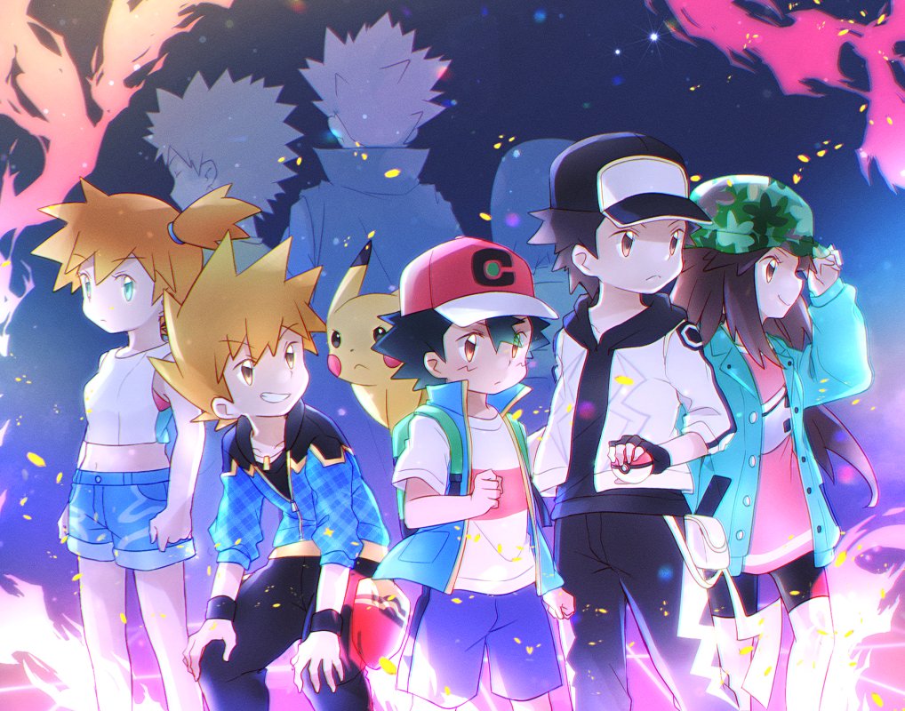 3girls, 5boys, ash_ketchum, back, bag, bare_arms, baseball_cap, black_hair