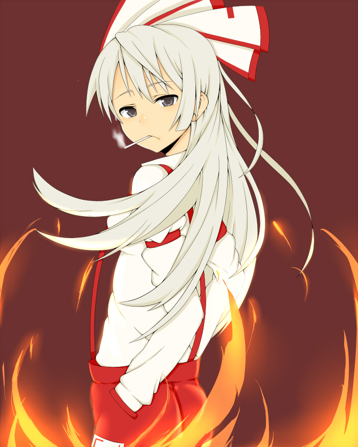 1girl, bad_id, bad_pixiv_id, cigarette, female_focus, fire, fujiwara_no_mokou, grey_eyes