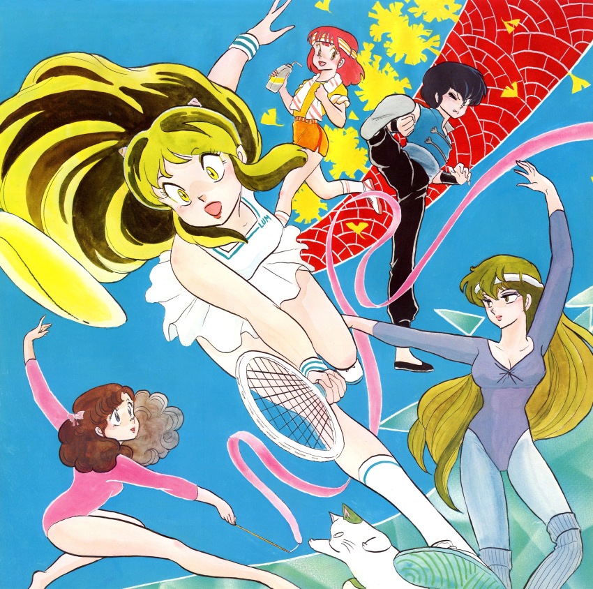 5girls, aerobics, arm_up, ball, barefoot, black_footwear, black_hair, black_pants