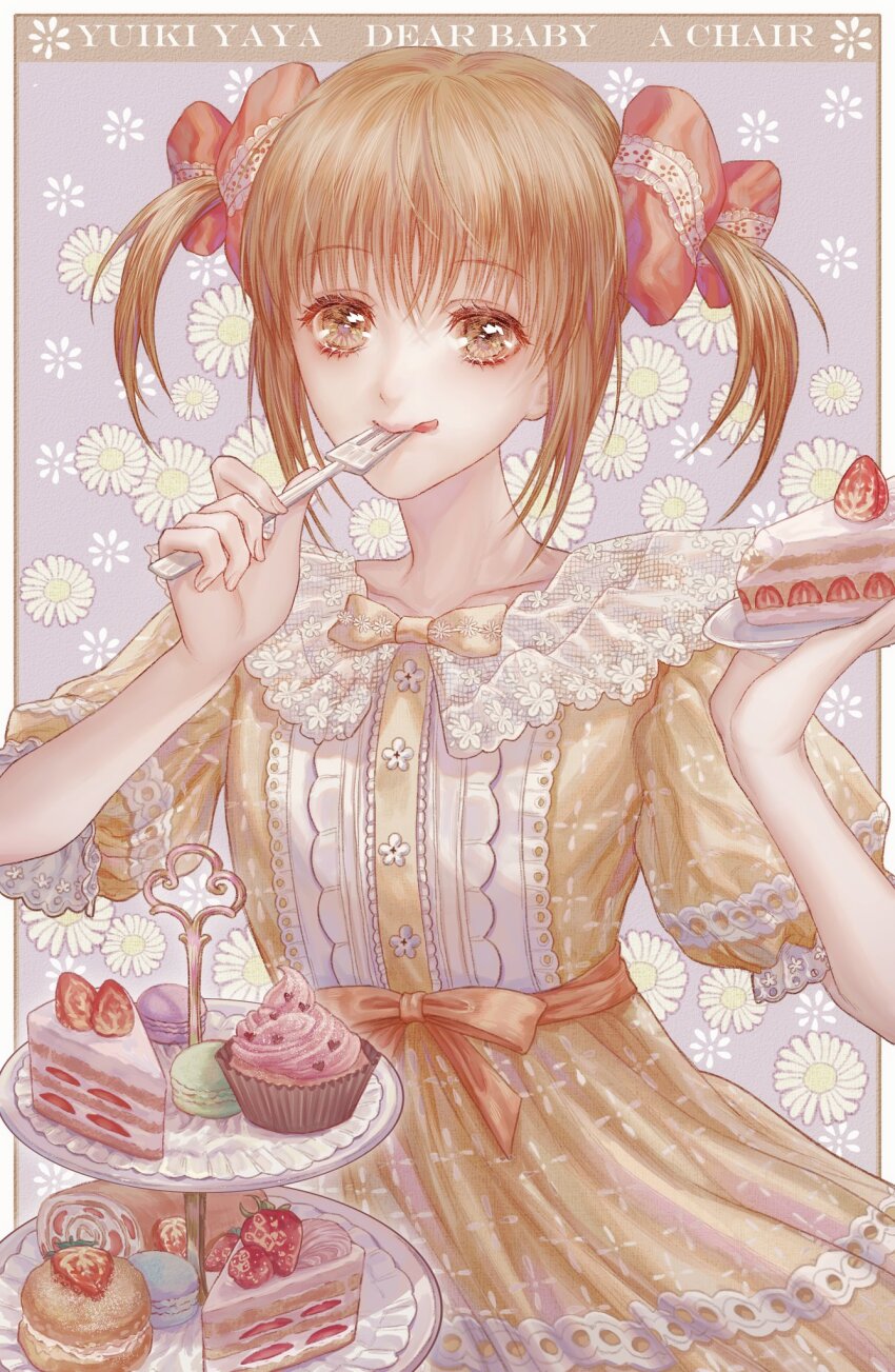 1girl, bow, brown_eyes, brown_hair, cake, cake_slice, doily, dress