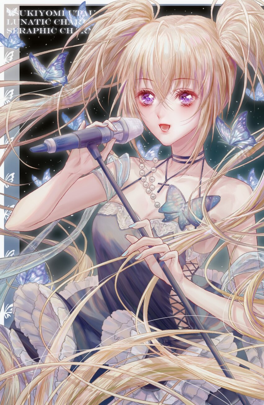 1girl, black_choker, black_dress, blonde_hair, blue_butterfly, blue_nails, bug, butterfly