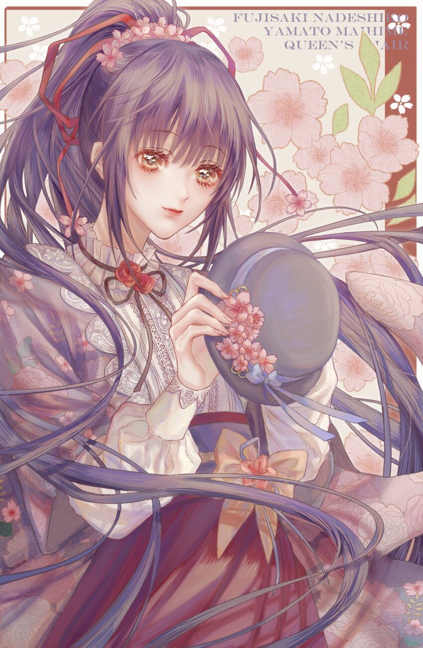 1girl, black_hat, black_ribbon, blouse, blue_bow, blue_ribbon, bow, cherry_blossoms