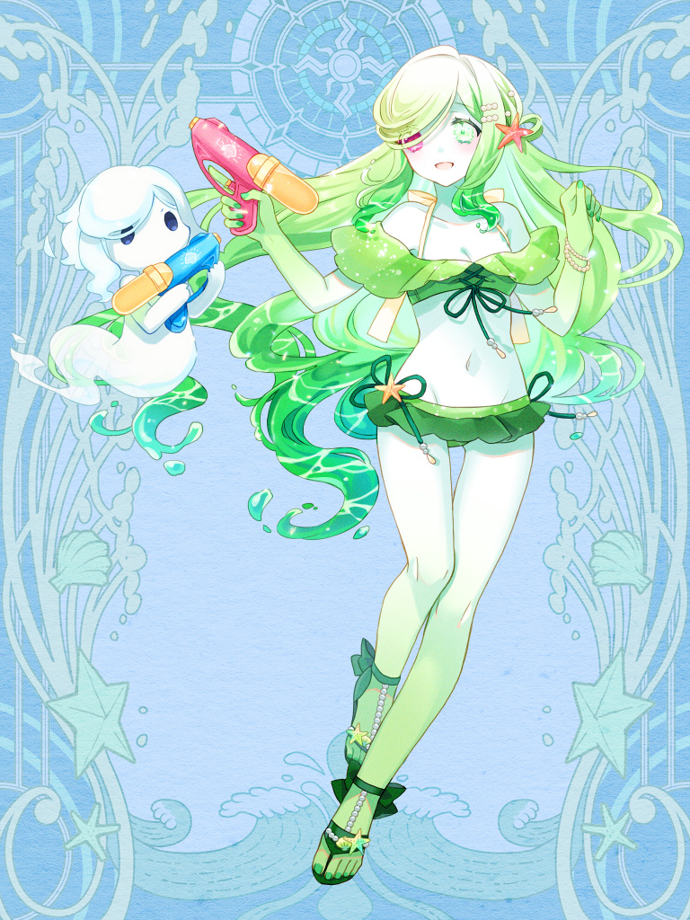 1girl, 1other, aokana_sawa, bead_bracelet, beads, bikini, blue_background, bracelet, breasts, colored_skin, dairoku_ryouhei, ghost, gradient_skin, green_bikini, green_eyes, green_hair, green_nails, green_skin, hair_ornament, hairclip, heterochromia, holding, holding_water_gun, jewelry, long_hair, navel, pepper_tone, red_eyes, sandals, small_breasts, standing, starfish_hair_ornament, swimsuit, very_long_hair, water_gun, white_skin