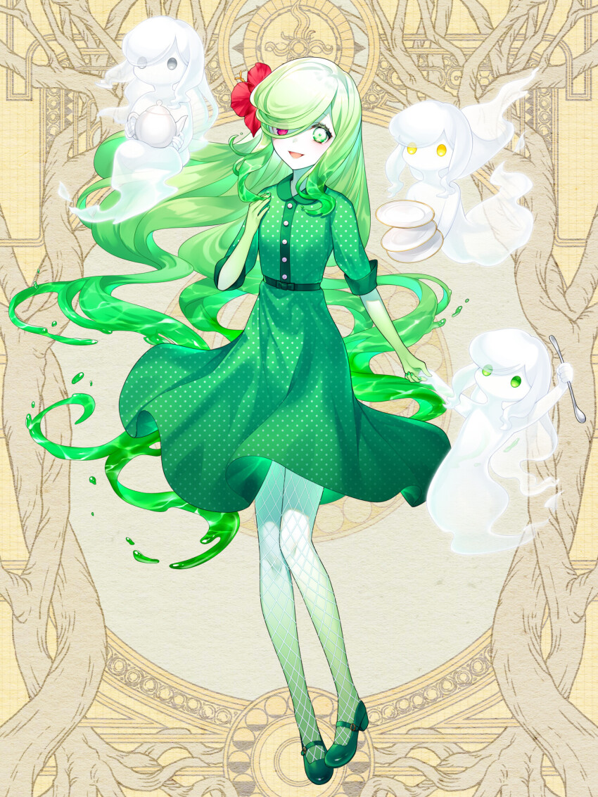 1girl, 3others, :d, colored_skin, dairoku_ryouhei, dress, fishnet_pantyhose, fishnets