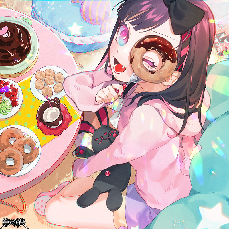1girl, bakoma_tsuno, black_bow, blue_eyes, bow, brown_hair, cake, copyright_name