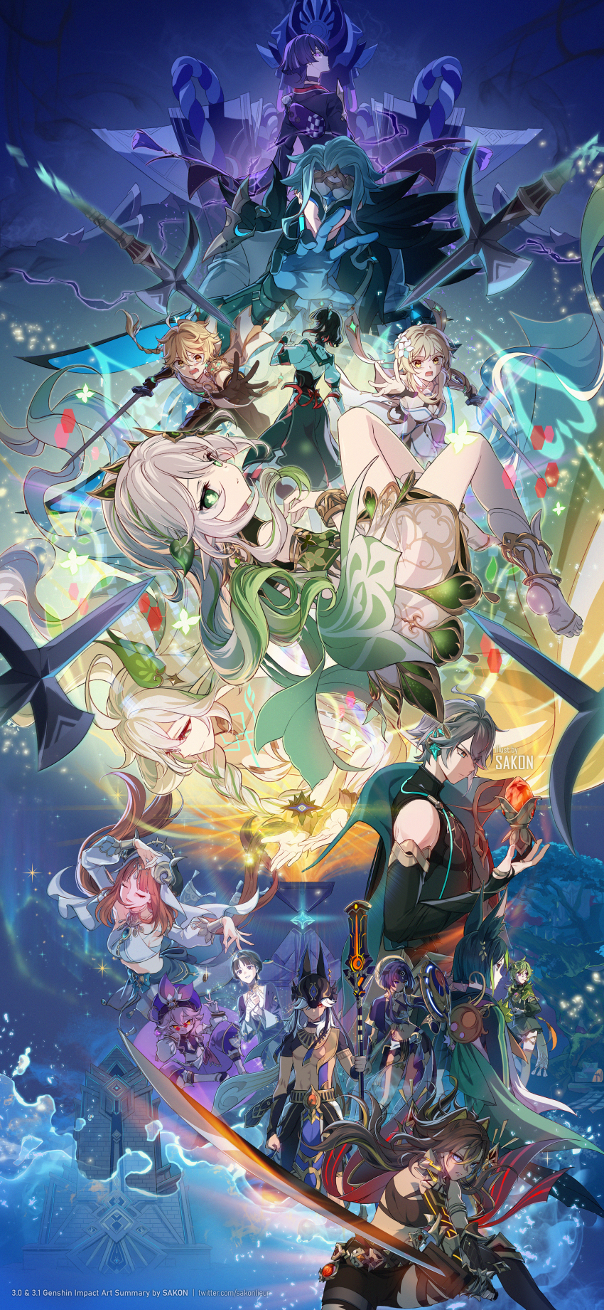 6+boys, 6+girls, absurdres, aether_(genshin_impact), ahoge, akasha_terminal, alhaitham_(genshin_impact), animal_ears, animal_hat, artist_name, black_headwear, black_shirt, blonde_hair, blue_eyes, blue_hair, blunt_bangs, blunt_ends, bracelet, braid, braided_ponytail, brown_hair, candace_(genshin_impact), closed_eyes, closed_mouth, collei_(genshin_impact), commentary, copyright_name, cross-shaped_pupils, cyno_(genshin_impact), dancer, dehya_(genshin_impact), detached_sleeves, dori_(genshin_impact), dottore_(genshin_impact), dress, dunyarzad_(genshin_impact), english_commentary, english_text, fake_horns, floating, floating_hair, floating_object, flower, fox_ears, genshin_impact, glasses, gloves, gradient_hair, green_eyes, green_hair, grey_hair, hair_between_eyes, hair_flower, hair_ornament, hat, highres, holding, holding_polearm, holding_sword, holding_weapon, horns, jewelry, katheryne_(genshin_impact), king_deshret_(genshin_impact), long_hair, long_sleeves, looking_at_object, looking_at_viewer, looking_up, lumine_(genshin_impact), mask, mecha, multicolored_hair, multiple_boys, multiple_girls, nahida_(genshin_impact), navel, nilou_(genshin_impact), open_mouth, orange_eyes, outstretched_arm, pink_hair, polearm, purple_eyes, purple_hair, purple_headwear, reaching, reaching_towards_viewer, red_hair, robot, rukkhadevata_(genshin_impact), sakon04, scaramouche_(genshin_impact), scaramouche_(shouki_no_kami)_(genshin_impact), shield, shirt, short_hair, spoilers, staff_of_the_scarlet_sands_(genshin_impact), sword, symbol-shaped_pupils, tighnari_(genshin_impact), tree, twitter_username, two-tone_hair, vision_(genshin_impact), weapon, white_flower, white_hair, yellow_eyes