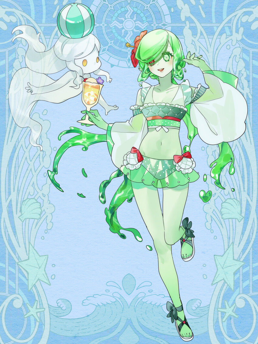 1girl, art_nouveau, bikini, blue_background, colored_skin, crop_top, dairoku_ryouhei, detached_sleeves