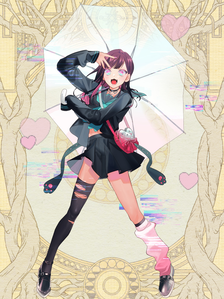 1girl, :d, asymmetrical_legwear, bag, bakoma_tsuno, black_choker, black_footwear, black_jacket