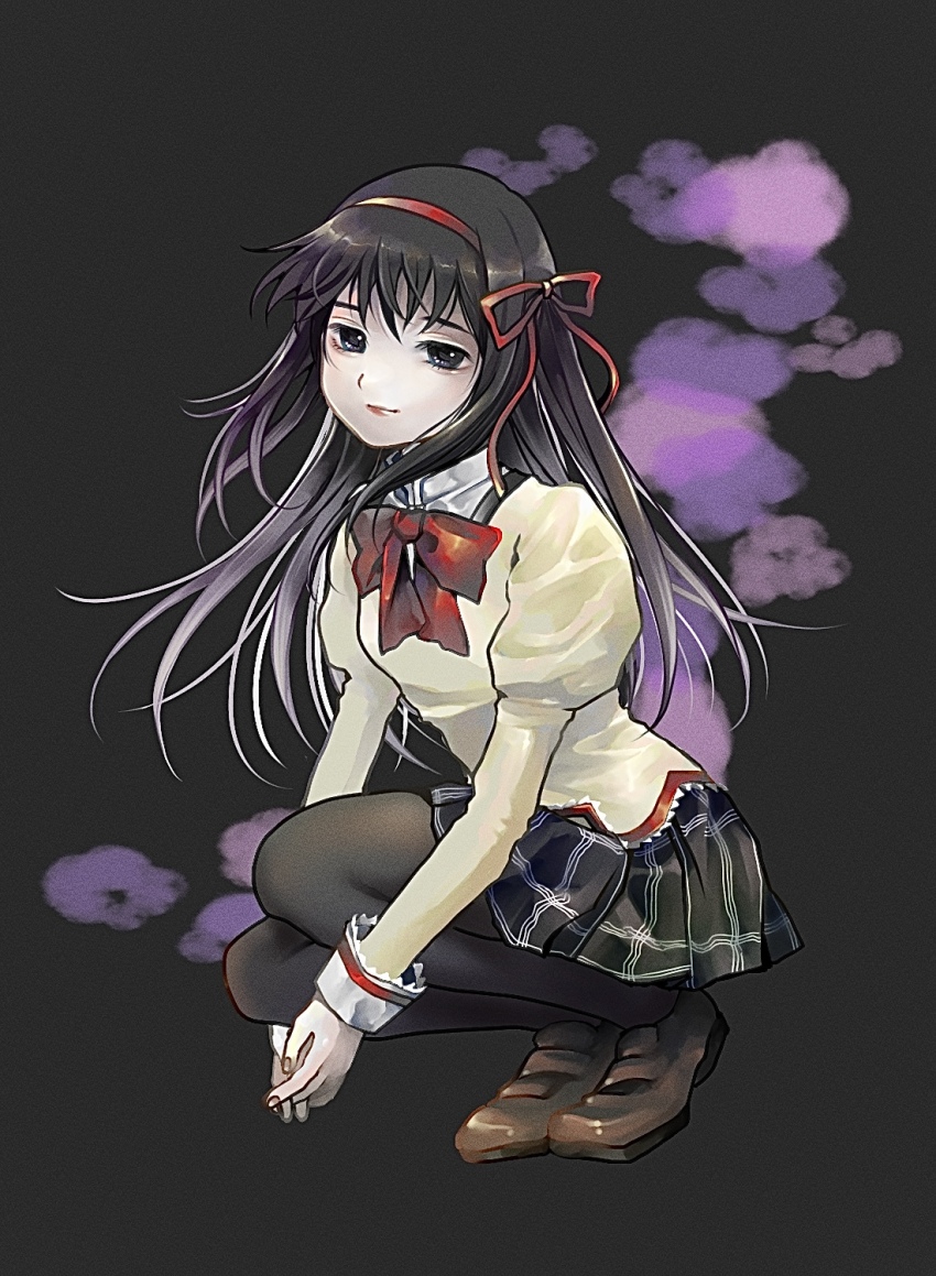 1girl, akemi_homura, bags_under_eyes, black_hair, black_pantyhose, black_skirt, blue_eyes, bow