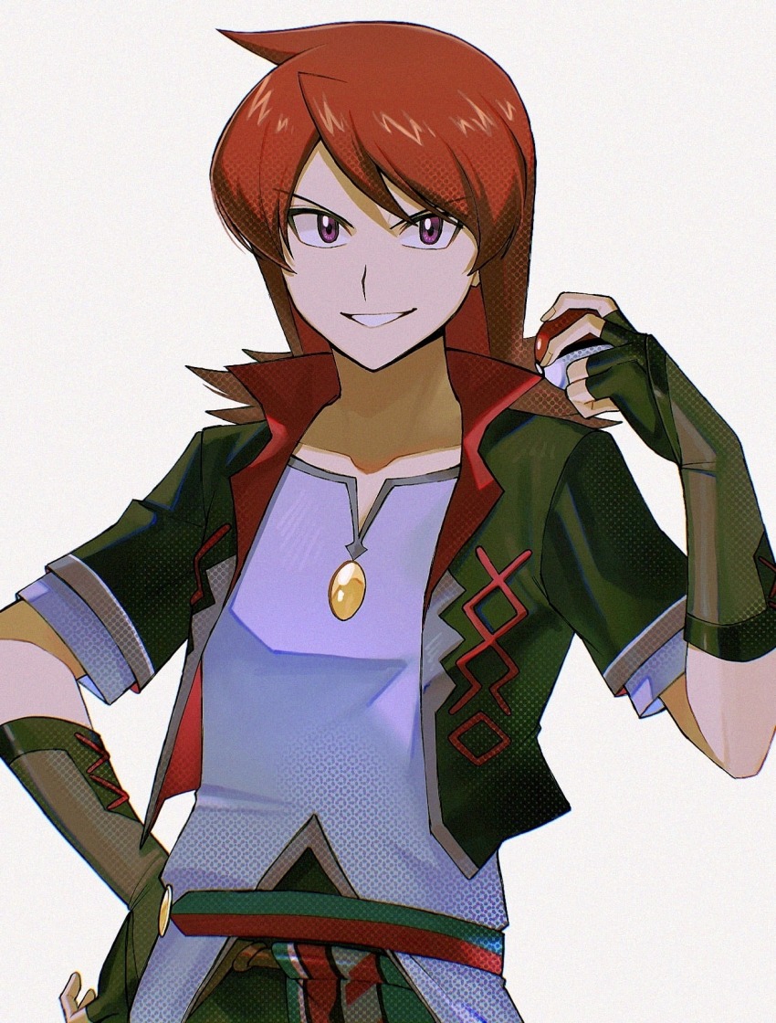 1boy, collarbone, gloves, hand_on_own_hip, highres, holding, holding_poke_ball, katao_smth