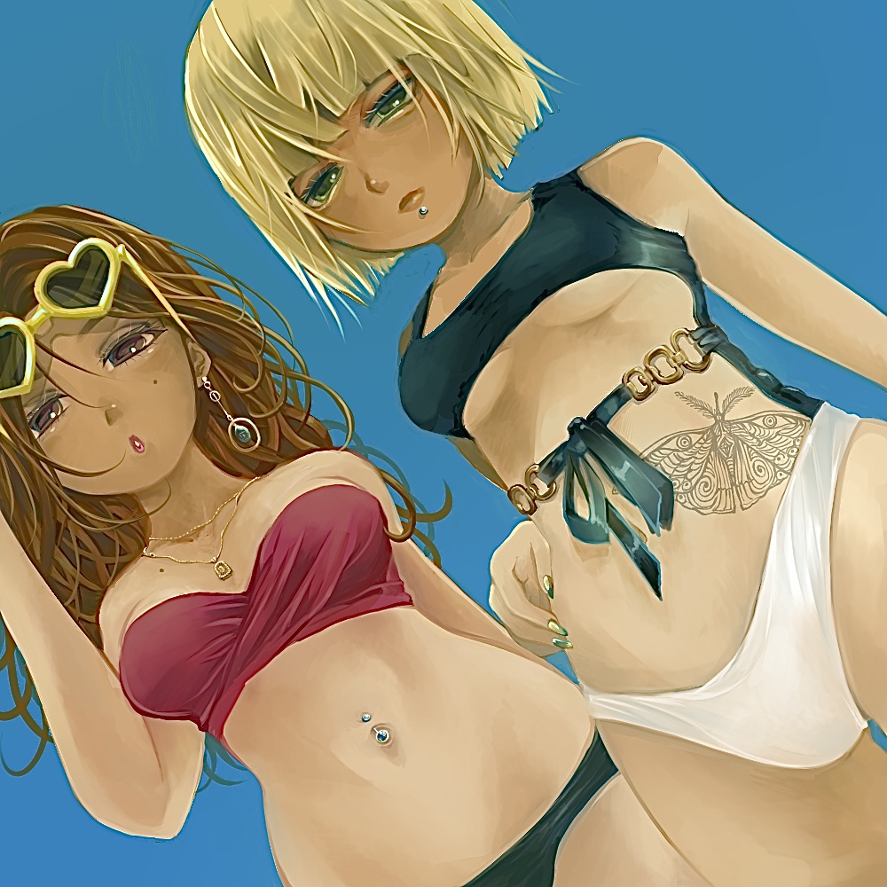 2girls, aqua_bikini, arm_behind_back, bare_shoulders, bikini, blonde_hair, blue_background, blue_one-piece_swimsuit