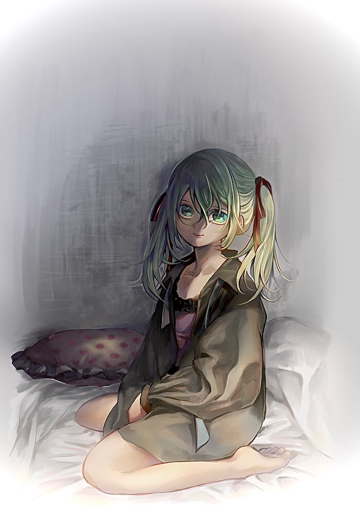 1girl, aqua_hair, barefoot, blue_eyes, closed_mouth, collarbone, eyelashes, full_body