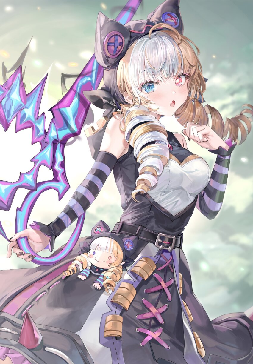 1girl, ahoge, animal_ears, bare_shoulders, belt, black_belt, black_dress, black_headband