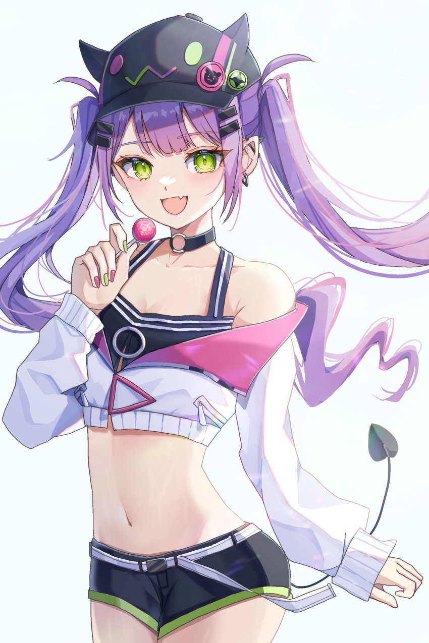 1girl, absurdres, bare_shoulders, baseball_cap, belt, black_choker, black_shorts, black_tank_top