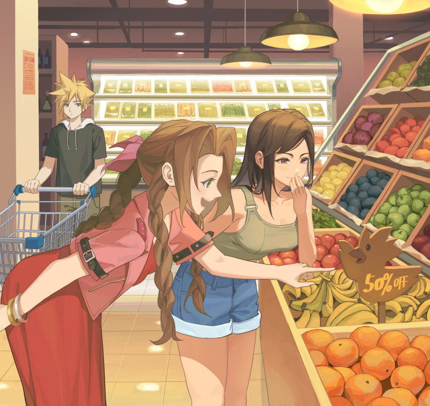 1boy, 2girls, aerith_gainsborough, black_hair, blonde_hair, bracelet, braid, braided_ponytail, brown_eyes, brown_hair, brown_shirt, casual, cloud_strife, denim, denim_shorts, dododo_(fightingdodo), dress, final_fantasy, final_fantasy_vii, food, fruit, green_eyes, highres, hood, hoodie, jacket, jewelry, long_hair, multiple_girls, open_clothes, open_jacket, red_dress, red_jacket, shirt, shopping, shopping_cart, short_hair, short_sleeves, shorts, sleeveless, sleeveless_shirt, slice_of_life, spiked_hair, tifa_lockhart