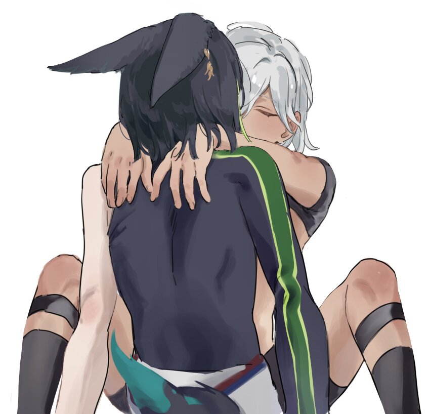 2boys, animal_ears, asymmetrical_sleeves, black_hair, black_socks, blush, closed_eyes, cyno_(genshin_impact)