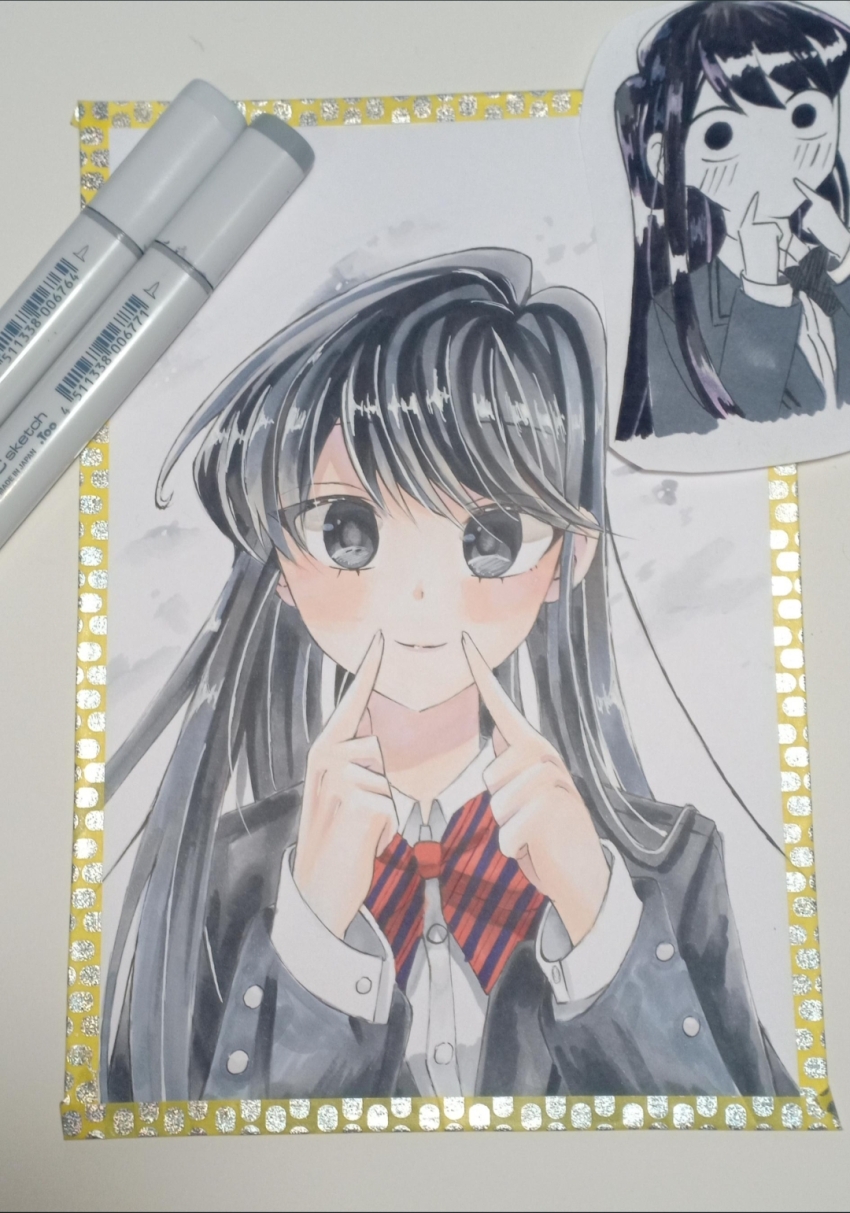 1girl, black_eyes, black_hair, copic, copic_(brand), forced_smile, highres, komi-san_wa_komyushou_desu