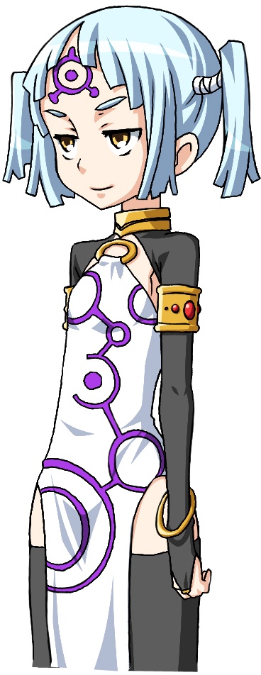 blue_hair, facial_mark, flat_chest, gouma_reifuden_izuna, official_art, smile, solo, suiren_(gouma_reifuden_izuna), yellow_eyes