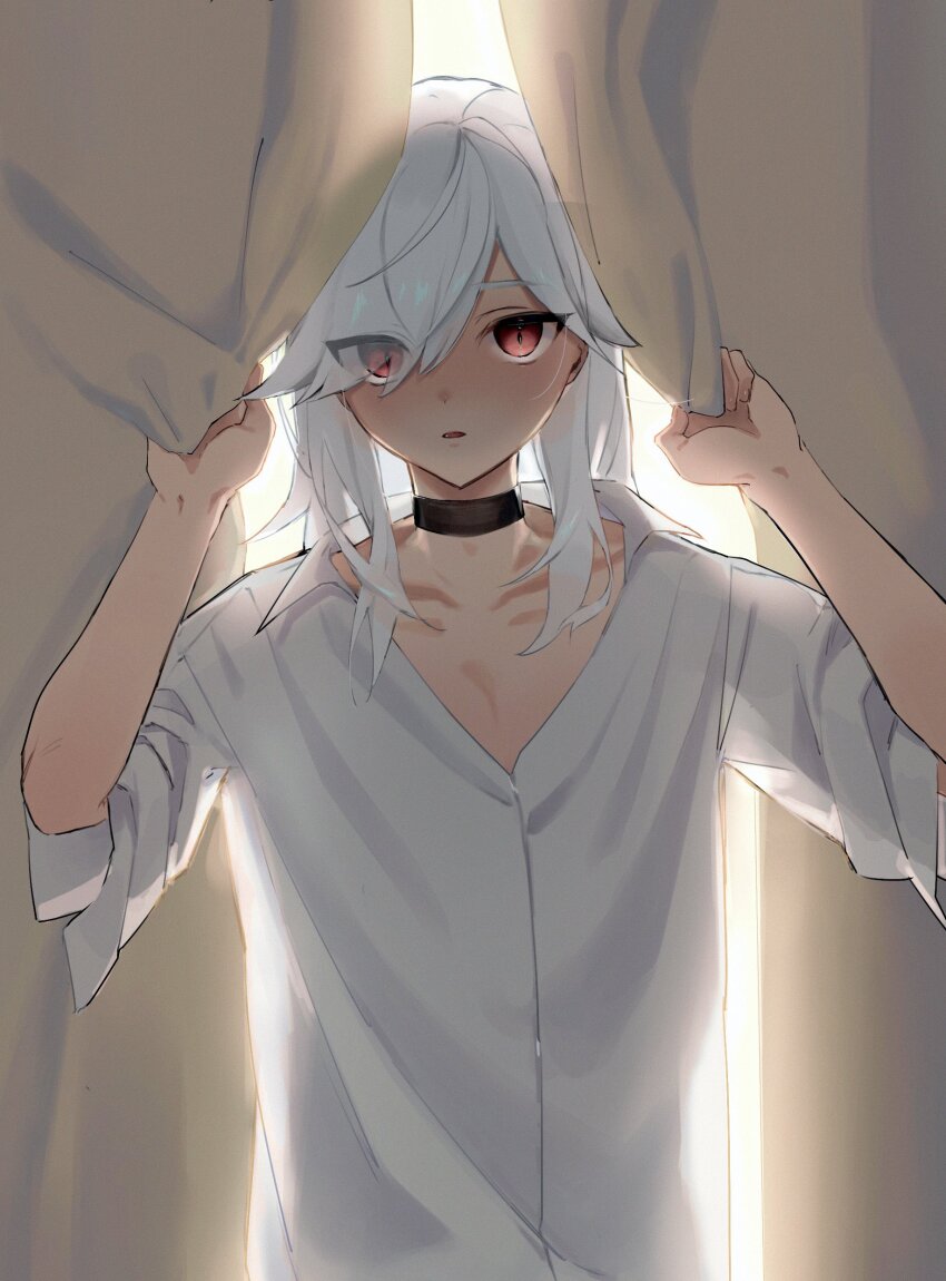 1boy, absurdres, alternate_costume, backlighting, black_choker, blush, choker, collarbone