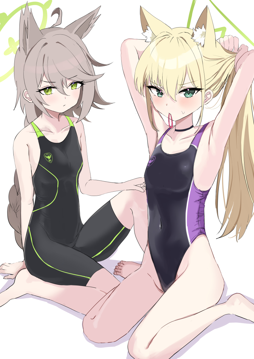 2girls, absurdres, animal_ears, armpits, barefoot, black_one-piece_swimsuit, blonde_hair, blue_archive
