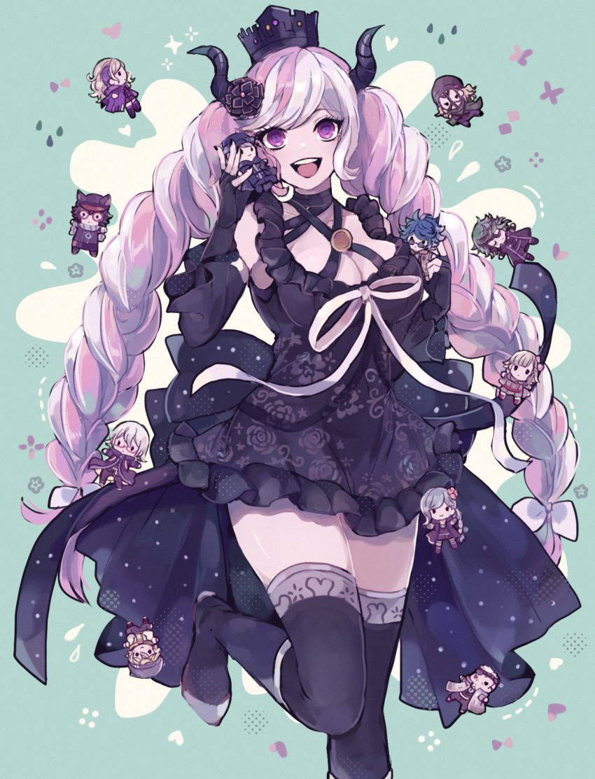 1girl, :d, black_boots, black_dress, black_flower, black_gloves, black_horns, black_nails, black_sleeves, black_thighhighs, blonde_hair, blue_background, blue_hair, boots, braid, breasts, character_doll, cleavage, commentary_request, criss-cross_halter, crown, desuhiko_thunderbolt, detached_sleeves, doll, dress, fingerless_gloves, floral_print, flower, frilled_dress, frills, fubuki_clockford, gloves, green_hair, hair_flower, hair_ornament, hair_ribbon, halara_nightmare, halterneck, hands_up, heart, highres, holding, holding_doll, horns, large_breasts, long_hair, looking_at_viewer, master_detective_archives:_rain_code, melami_goldmine, multicolored_hair, nail_polish, open_mouth, pink_eyes, pink_hair, pucci_lavmin, ribbon, shiina_kimagure, shinigami_(rain_code), smile, solo, sparkle, standing, standing_on_one_leg, teeth, thighhighs, twin_braids, two-tone_hair, upper_teeth_only, very_long_hair, vivia_twilight, water_drop, white_hair, white_ribbon, yakou_furio, yuma_kokohead, zange_eraser, zilch_alexander