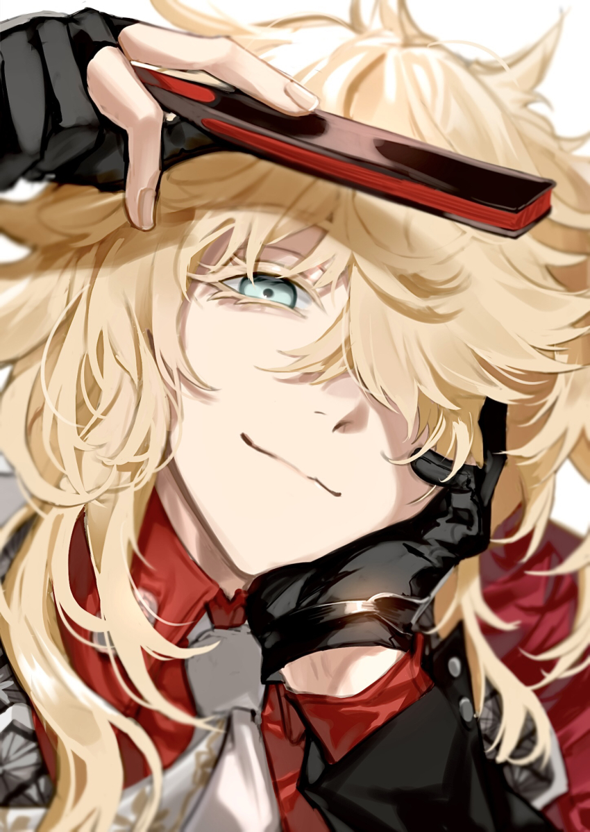 1boy, black_gloves, blonde_hair, blue_eyes, blurry, closed_mouth, collared_shirt, colored_eyelashes