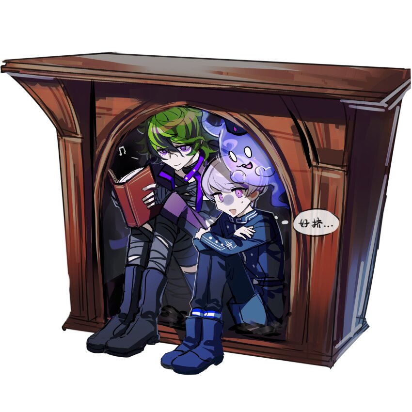 2boys, azusa_1103t, bandaged_chest, bandaged_leg, bandages, belt, black_footwear, blue_belt