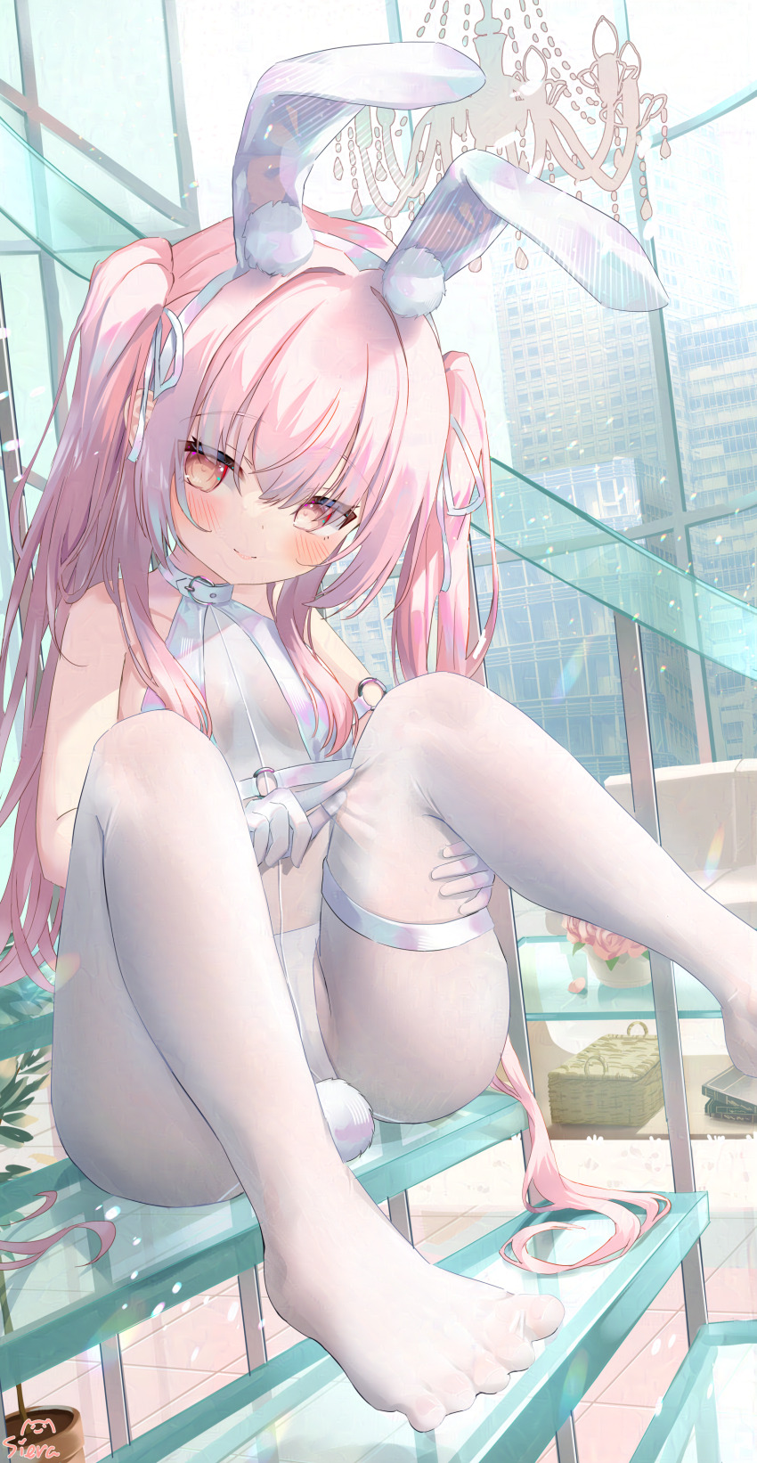 1girl, absurdres, adversarial_noise, animal_ears, artist_name, blush, breasts, closed_mouth, clothes_pull, commentary_request, fake_animal_ears, fake_tail, feet, female_focus, hair_ribbon, highres, indoors, loli, long_hair, looking_at_viewer, no_shoes, o-ring, original, pantyhose, pantyhose_pull, pink_hair, playboy_bunny, rabbit_ears, rabbit_tail, ribbon, see-through_clothes, see-through_legwear, siera_(sieracitrus), sitting, sitting_on_stairs, small_breasts, smile, soles, solo, stairs, tail, thigh_strap, thighs, twintails, white_pantyhose, white_ribbon