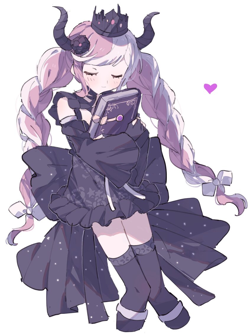 1girl, absurdres, black_dress, black_flower, black_gloves, black_horns, black_sleeves, black_thighhighs