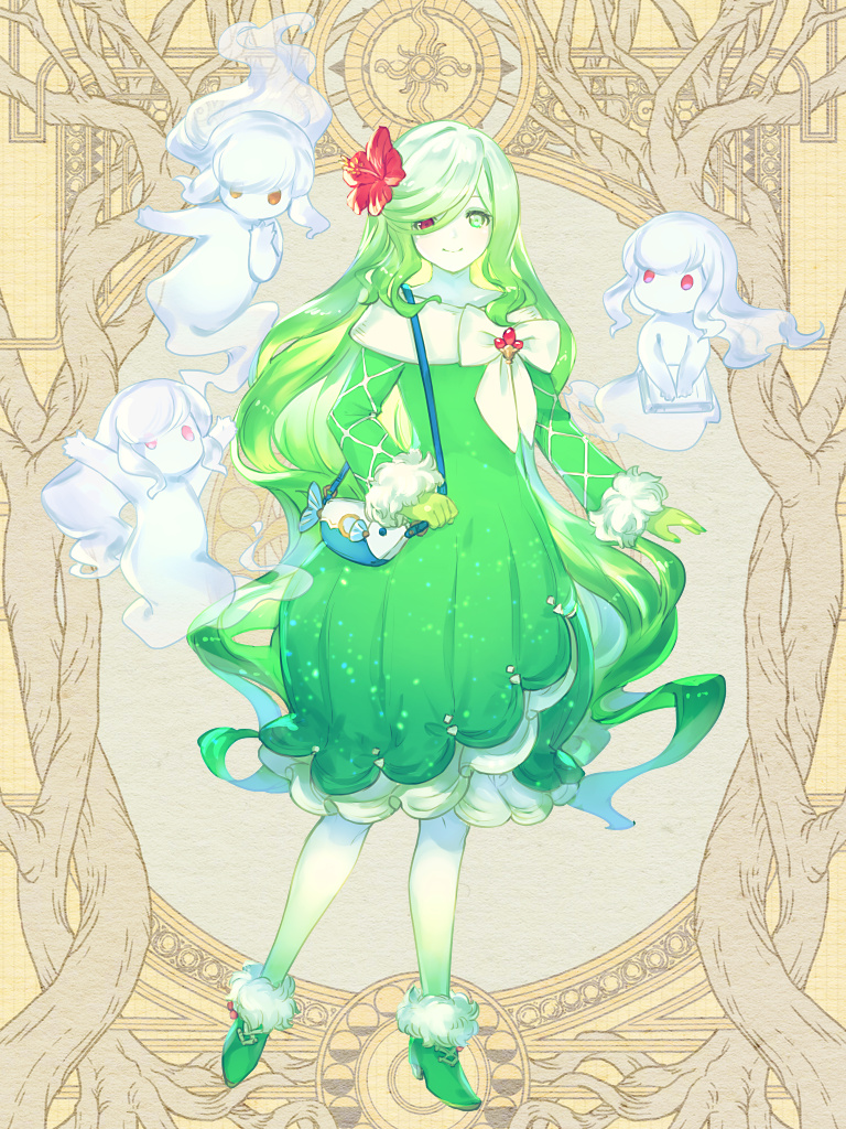 1girl, 3others, bag, bow, colored_skin, dairoku_ryouhei, dress, flower