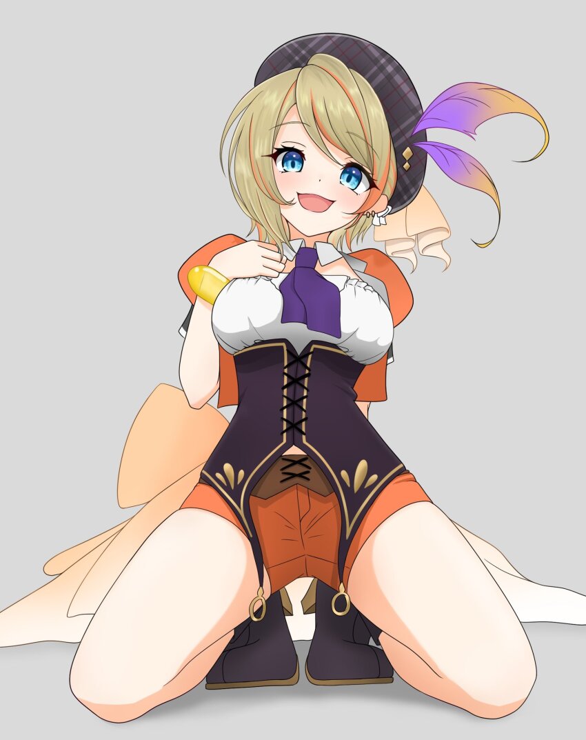 1girl, back_bow, bangle, beret, black_boots, black_corset, blue_eyes, blush