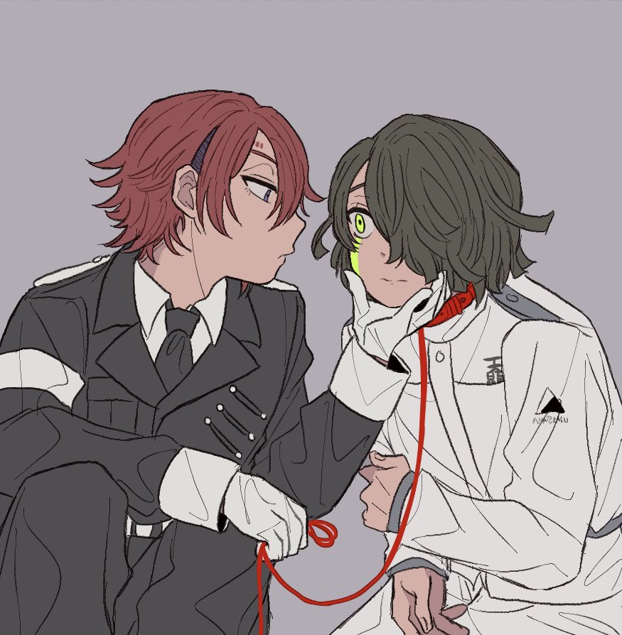 2boys, black_jacket, black_necktie, black_pants, closed_mouth, collar, collared_shirt, commentary_request, facial_mark, gloves, grey_background, hair_over_one_eye, hand_on_another's_chin, hand_on_own_arm, holding, holding_leash, jacket, knees_up, leash, long_sleeves, looking_at_another, male_focus, master_detective_archives:_rain_code, multiple_boys, nana_(7starssovereign), necktie, pants, profile, purple_eyes, red_collar, red_hair, seth_burroughs, shirt, short_hair, simple_background, sitting, white_gloves, white_jacket, white_shirt, yellow_eyes, yomi_hellsmile
