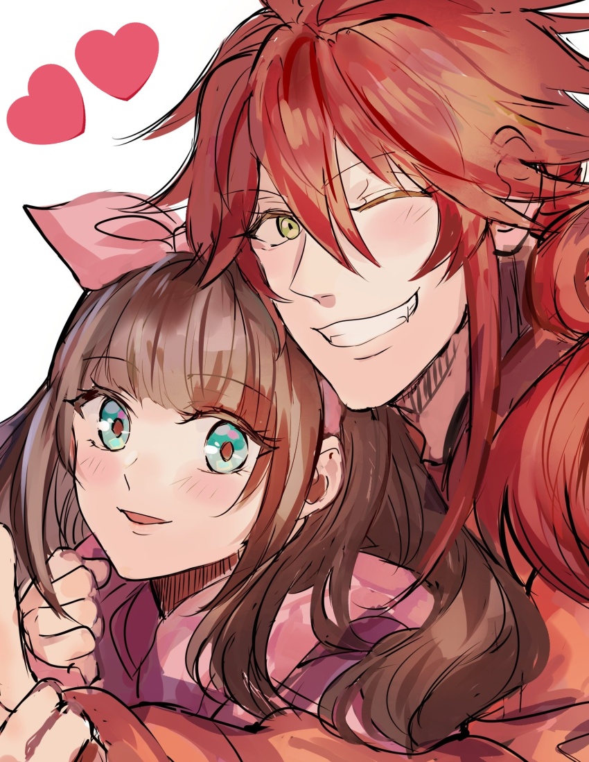 1boy, 1girl, :d, blue_eyes, blush, bow, brown_hair, cardia_beckford