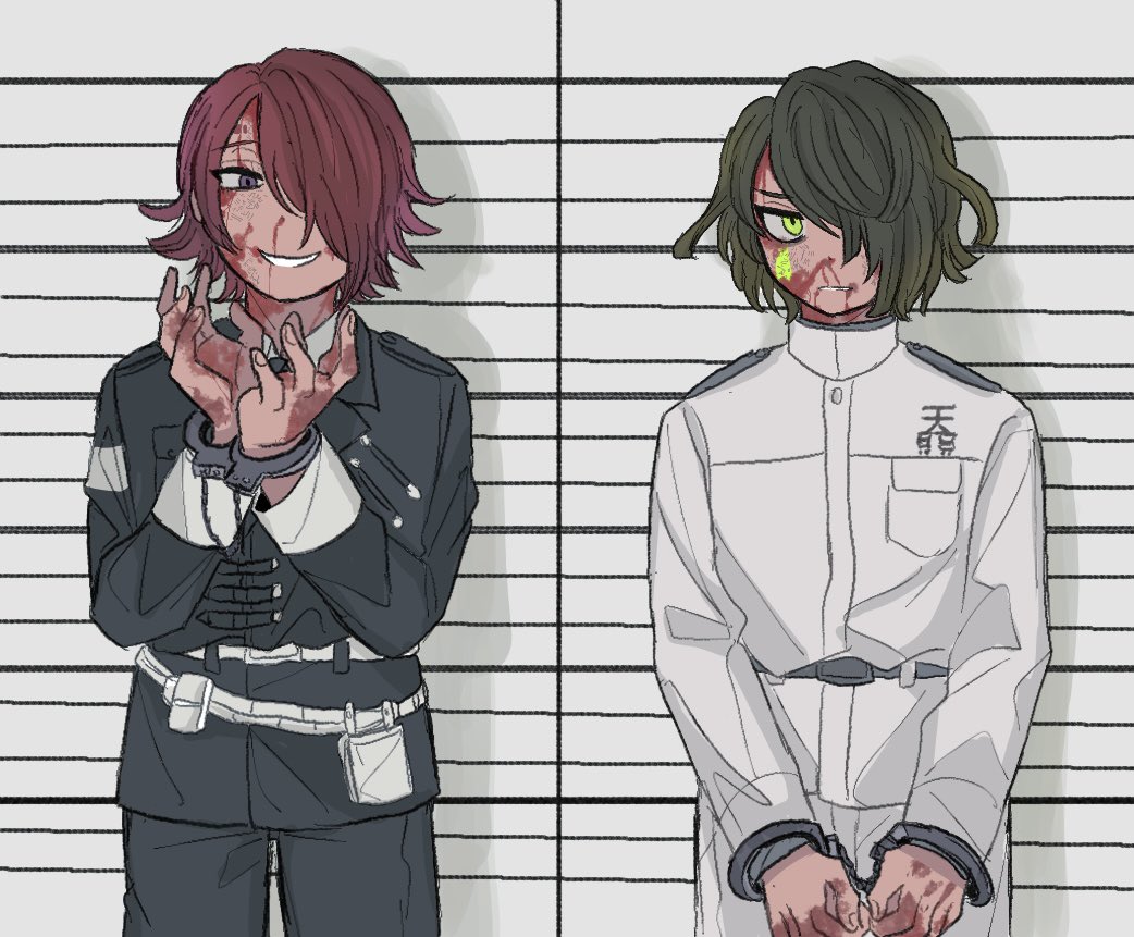 2boys, belt, belt_pouch, black_jacket, black_pants, blood, blood_on_face, blood_on_hands, bruise, commentary_request, cuffs, facial_mark, green_eyes, green_hair, grin, hair_over_one_eye, handcuffs, hands_up, injury, jacket, long_sleeves, looking_at_viewer, male_focus, master_detective_archives:_rain_code, mugshot, multiple_boys, nana_(7starssovereign), open_mouth, pants, pouch, purple_eyes, red_hair, seth_burroughs, shirt, short_hair, smile, standing, white_belt, white_jacket, white_shirt, yomi_hellsmile