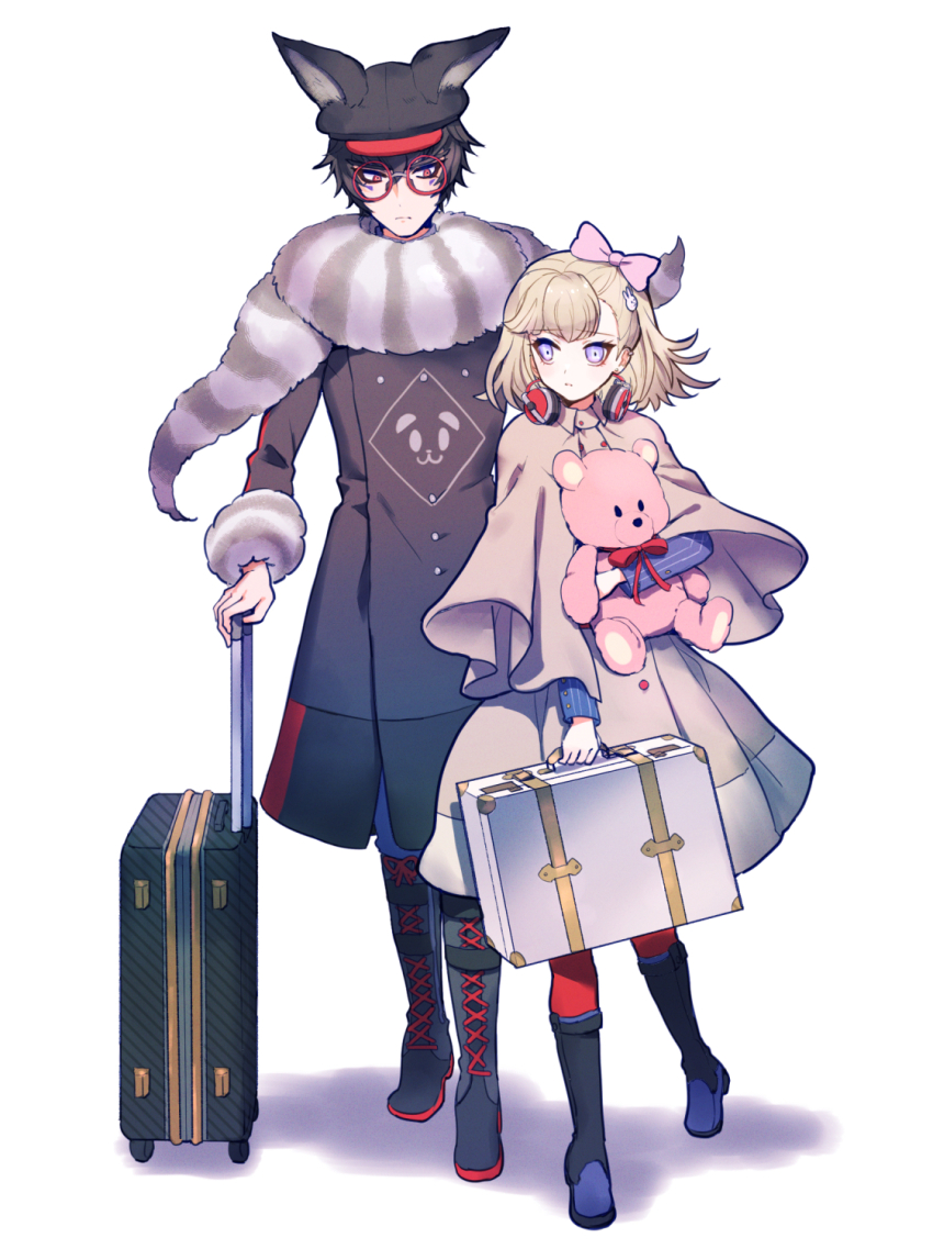 1boy, 1girl, animal_ears, animal_hat, black_footwear, black_hair, black_headwear, blonde_hair