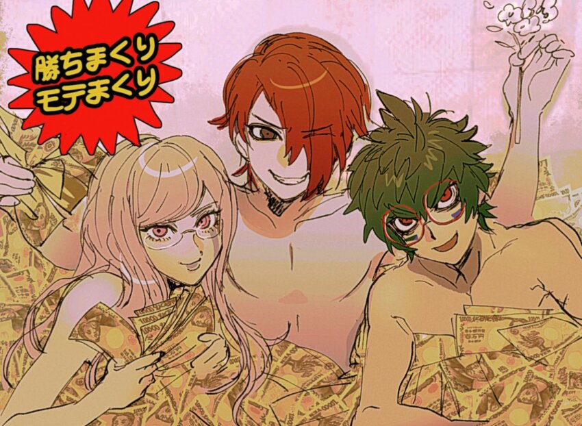 1girl, 2boys, arms_up, banknote, blonde_hair, closed_mouth, commentary_request, facial_mark