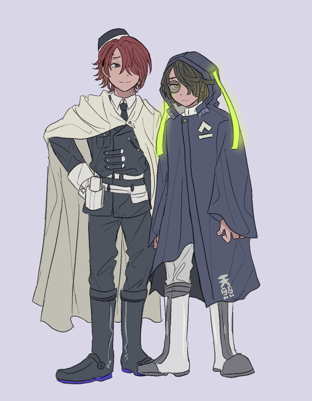 2boys, arms_at_sides, belt, belt_pouch, black_footwear, black_headwear, black_jacket, black_pants