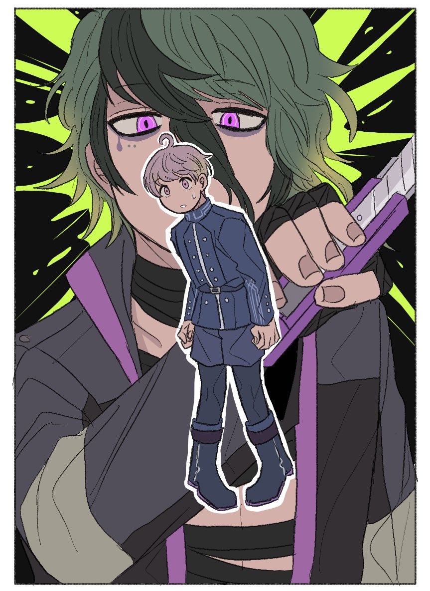 2boys, ahoge, bandaged_chest, bandaged_neck, bandages, belt, black_coat, black_pantyhose