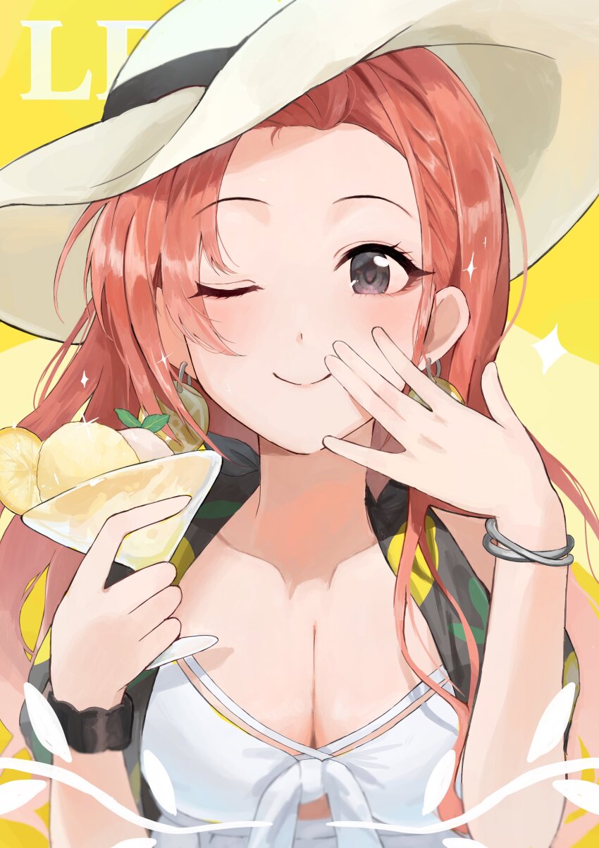 1girl, absurdres, arisugawa_natsuha, bracelet, breasts, cleavage, cocktail_glass, cup