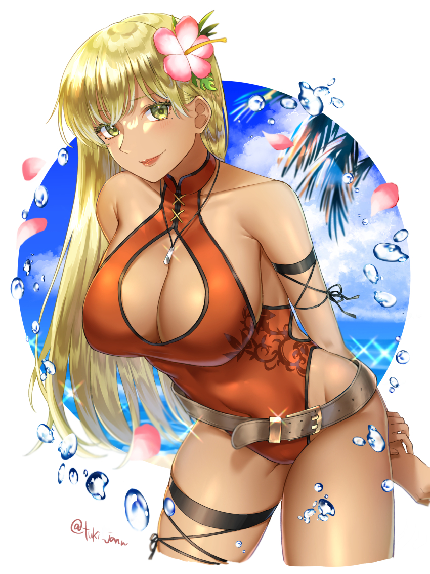 1girl, absurdres, alternate_costume, arm_strap, arms_behind_back, bare_shoulders, blonde_hair, blue_sky, blush, breasts, cleavage, cleavage_cutout, clothing_cutout, cloud, cloudy_sky, covered_navel, cowboy_shot, dark-skinned_female, dark_skin, fire_emblem, fire_emblem:_the_binding_blade, flower, groin, hair_flower, hair_ornament, highleg, highleg_one-piece_swimsuit, highres, igrene_(fire_emblem), jewelry, large_breasts, leaning_forward, lips, long_hair, looking_at_viewer, mature_female, mole, mole_under_eye, necklace, nintendo, ocean, one-piece_swimsuit, palm_tree, petals, red_leather, red_one-piece_swimsuit, sideboob, skin_tight, skindentation, sky, smile, solo, swimsuit, thighlet, thighs, tree, tsukimura_(d24f4z8j3t), twitter_username, yellow_eyes
