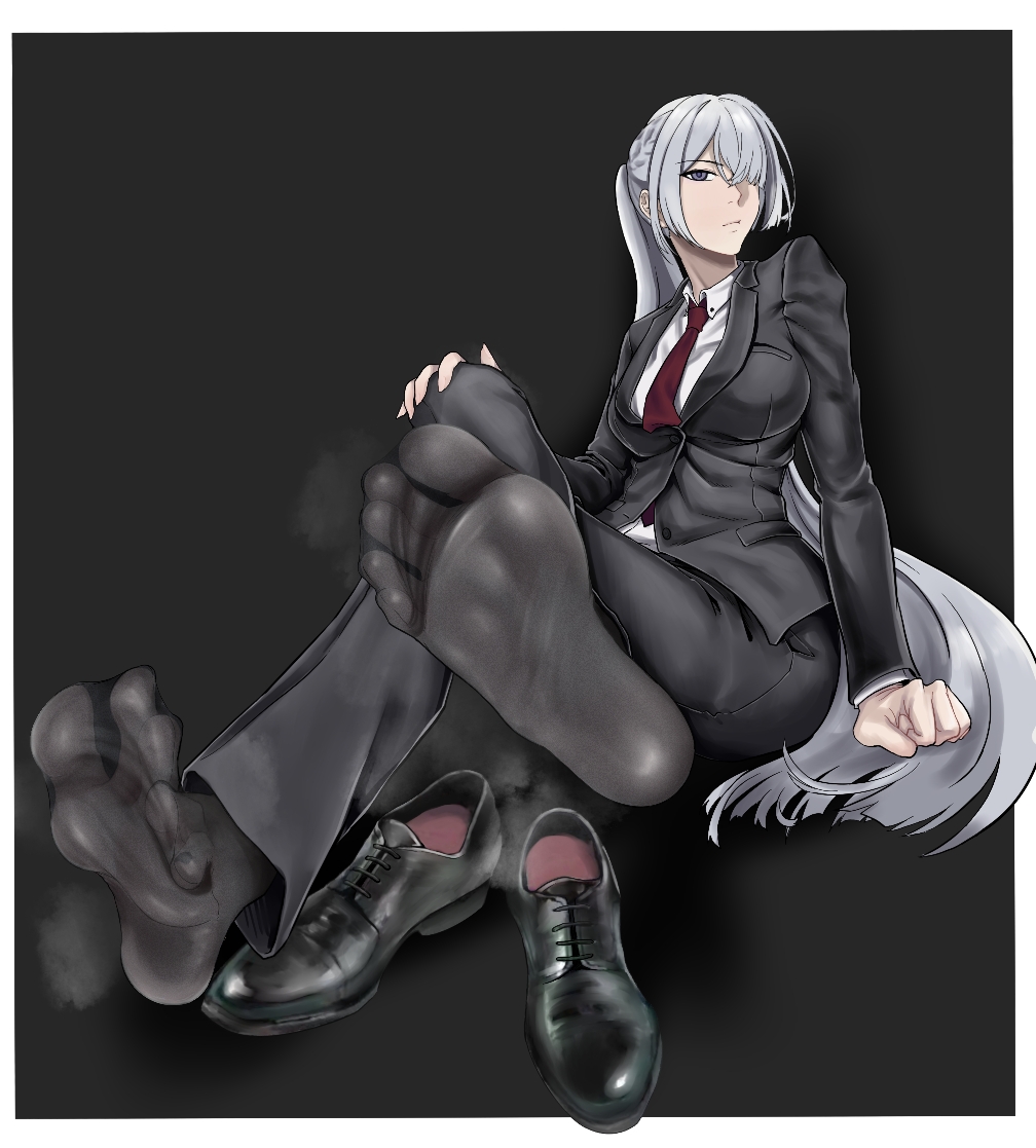 1girl, a_lailai_lailai, ak-15_(girls'_frontline), feet, formal_clothes, girls'_frontline, grey_eyes, grey_hair