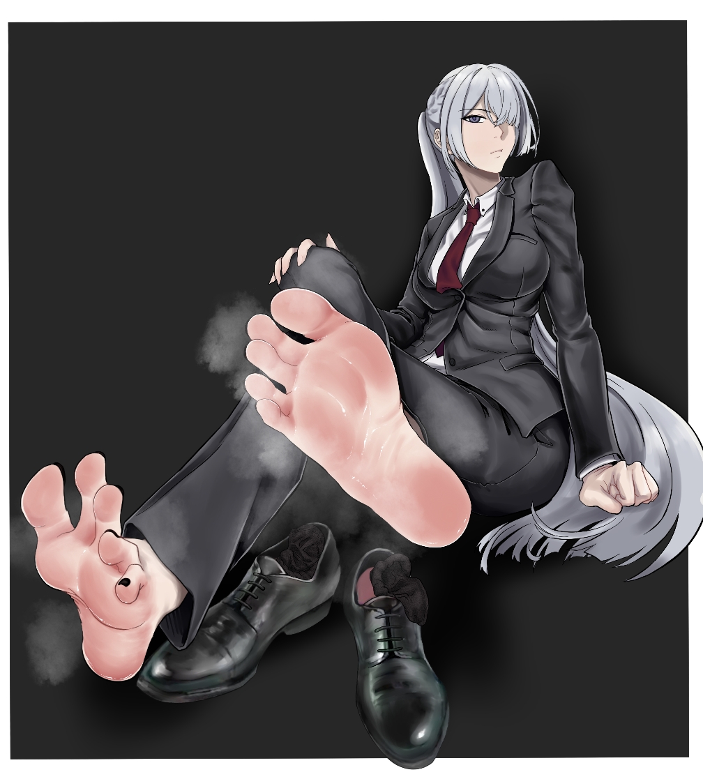 1girl, a_lailai_lailai, ak-15_(girls'_frontline), barefoot, feet, formal_clothes, girls'_frontline, grey_eyes, grey_hair, hair_over_one_eye, hand_on_own_knee, long_hair, looking_at_viewer, ponytail, shoes, smell, socks, soles, steam, suit, toes, unworn_shoes, unworn_socks